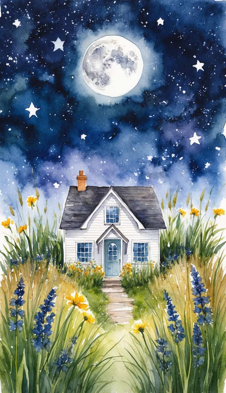 Watercolor white cottage with a garden path under a starry night sky and glowing full moon.