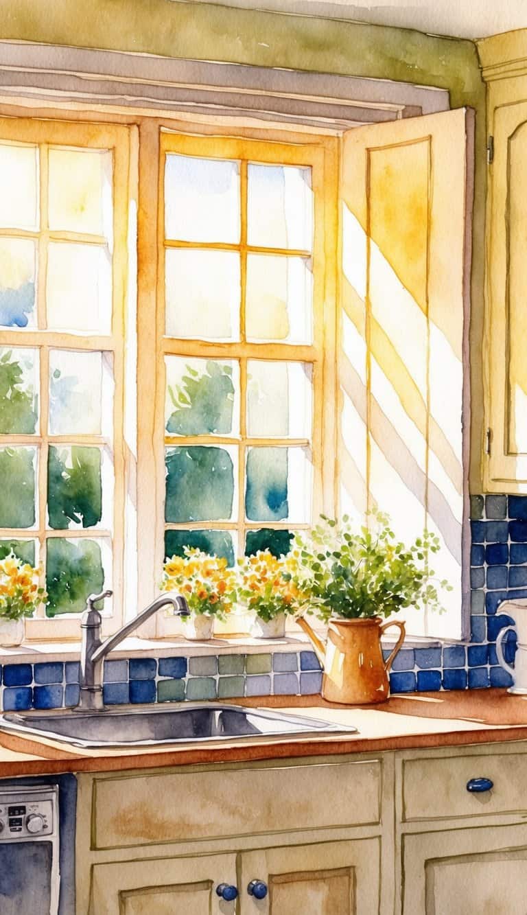 Watercolor cottage kitchen with golden light, flowers on windowsill, and blue tiled backsplash.
