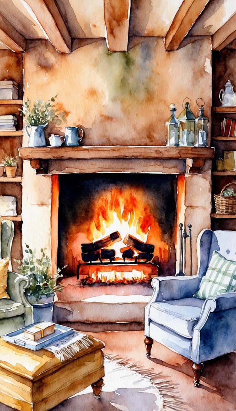 Watercolor fireplace scene with burning logs, rustic mantel, armchairs, and cottage-style decor.