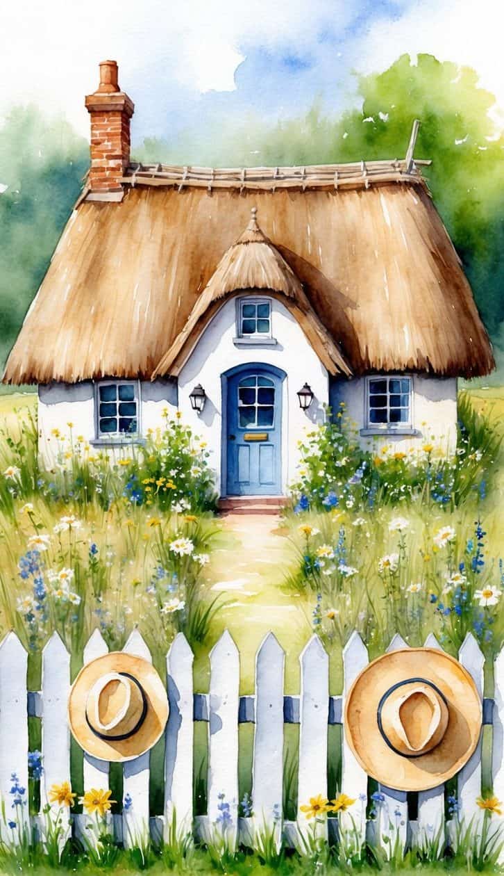 Watercolor of a thatched-roof cottage with blue door, picket fence, wildflowers, and straw hats.