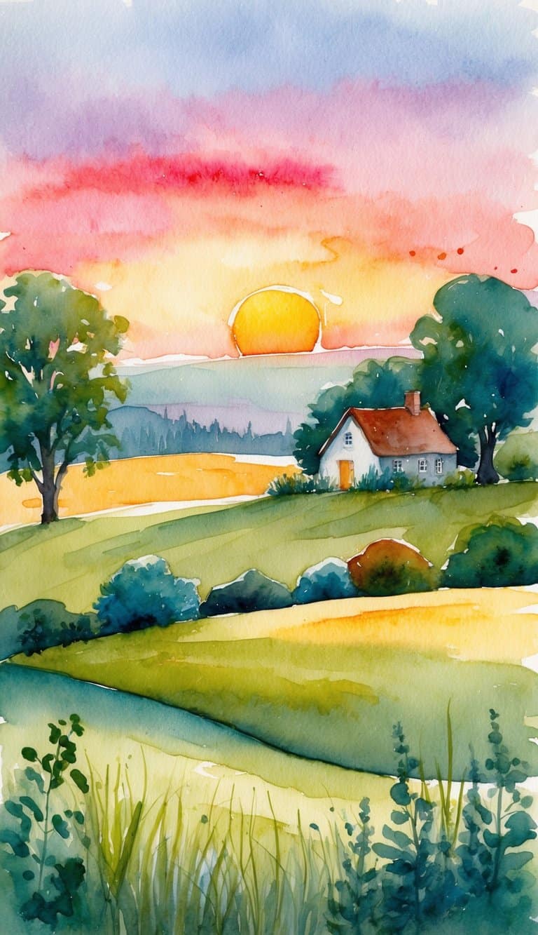 Watercolor of a small cottage among rolling hills at sunset with a vivid pink-orange sky.
