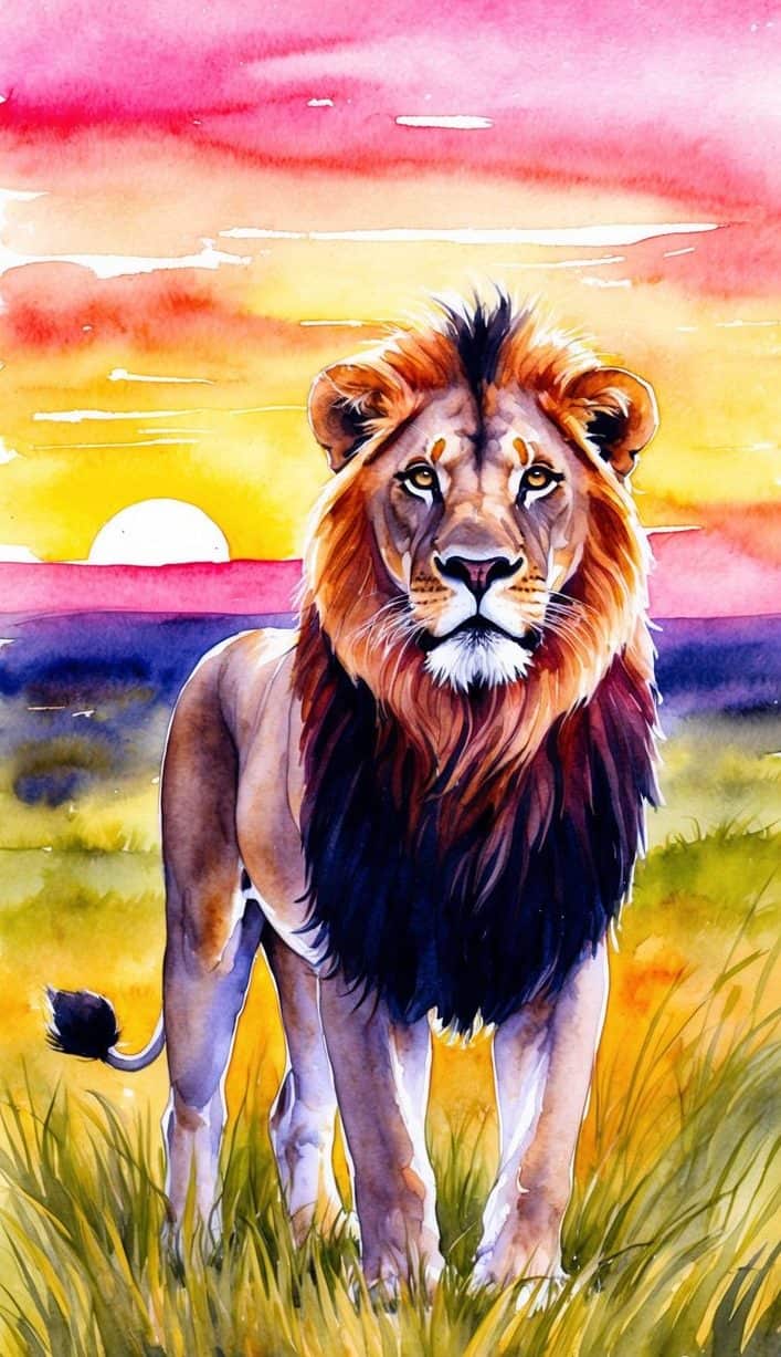 A lion standing proudly in a grassy savanna, with a vibrant sunset in the background