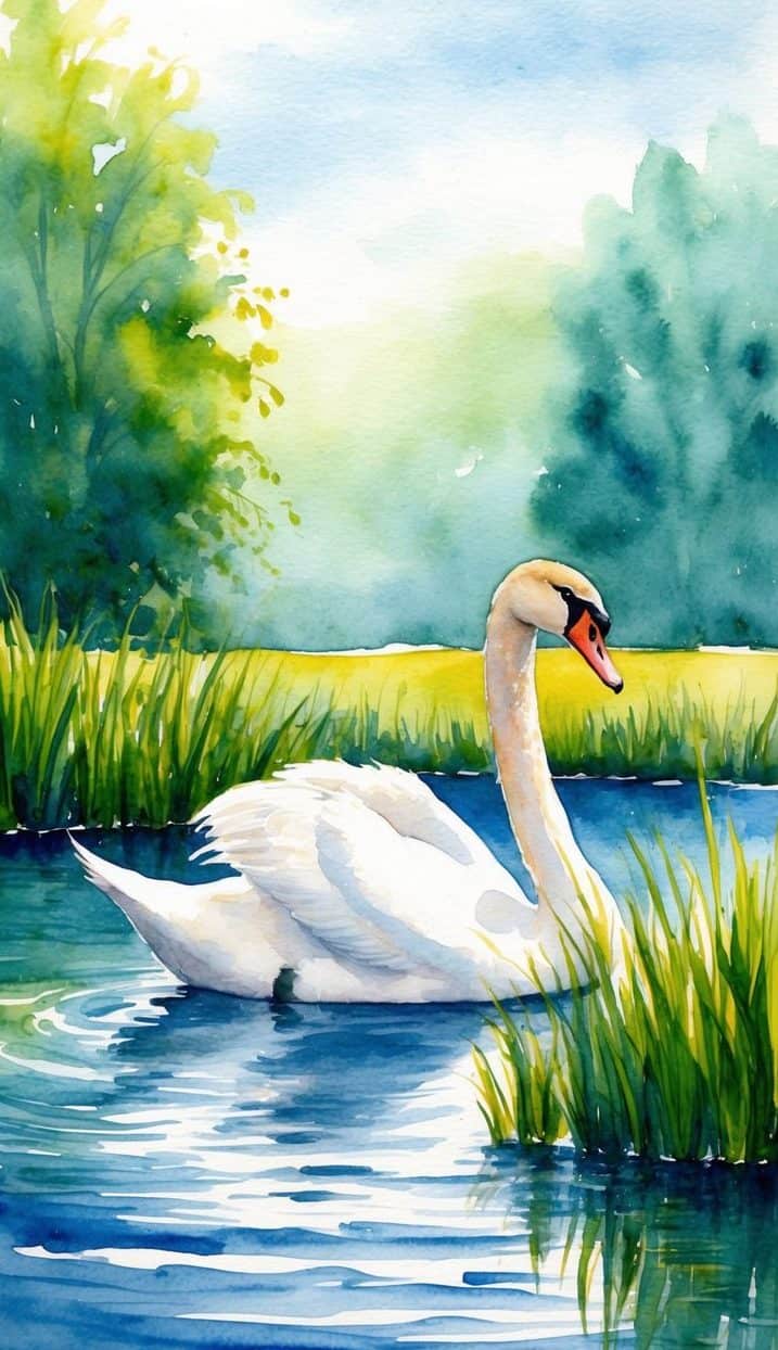 A serene lake with a graceful swan surrounded by lush greenery