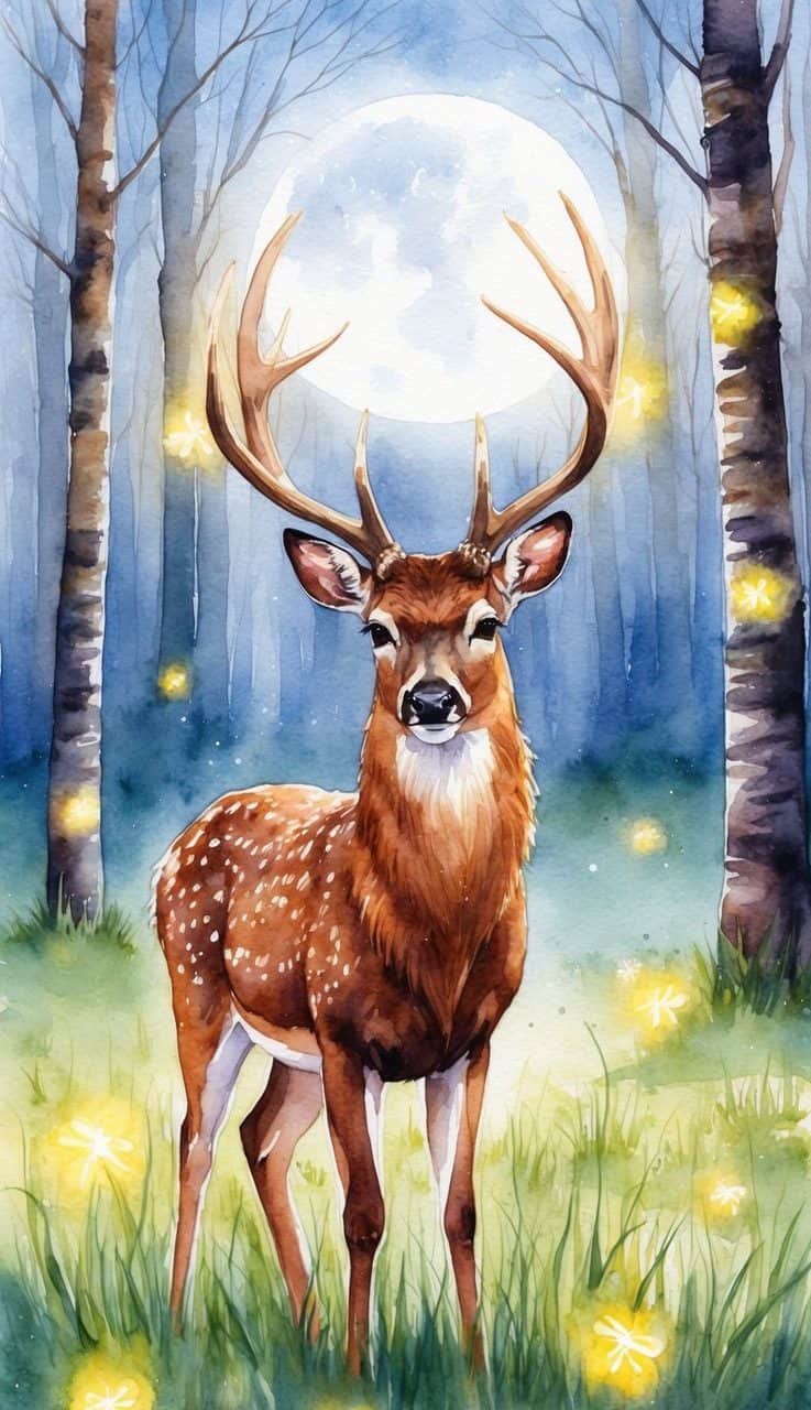 A deer with antlers stands in a grassy forest clearing at night, illuminated by fireflies and moonlight, with trees and a full moon in the background.