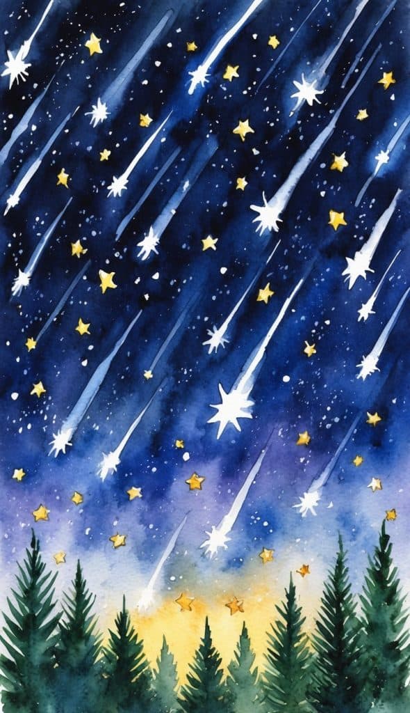 Watercolor illustration of a night sky with shooting stars and golden stars above a forest of pine trees, with a glowing horizon in the background.