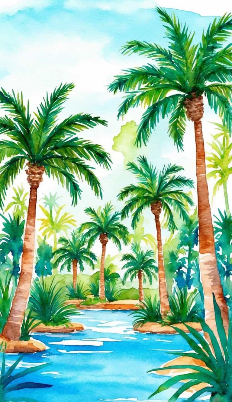 Watercolor iPhone wallpaper showing palm trees around a calm tropical lagoon with greenery and a soft blue sky.  