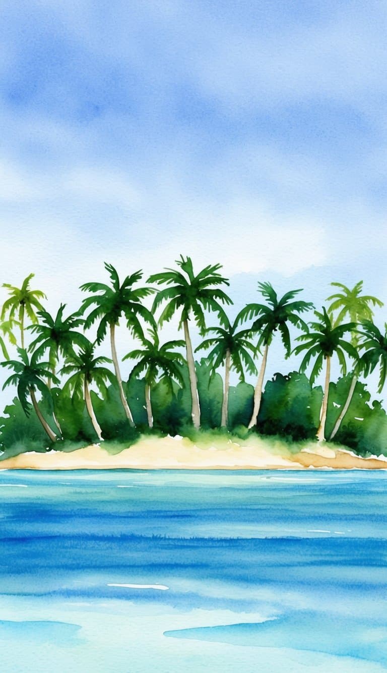 Tropical island wallpaper with watercolor palm trees in the distance and a still, blue ocean in the foreground.