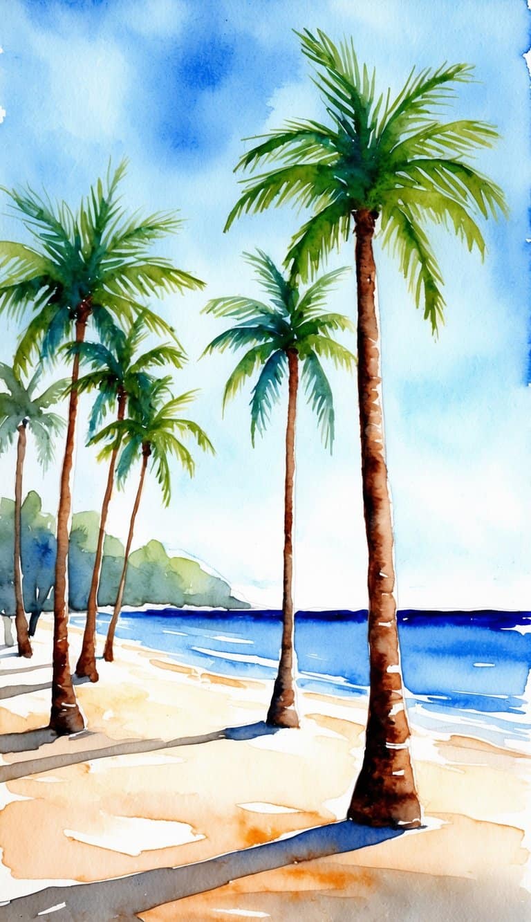 Watercolor iPhone wallpaper of palm trees lining a sandy beach with ocean waves and soft blue sky in the background.
