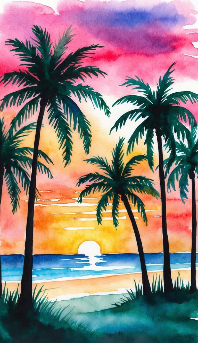 Tropical sunset iPhone wallpaper with black palm trees and a bright orange-to-purple sky over a calm ocean.