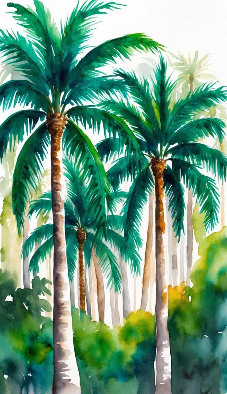 Lush watercolor wallpaper with tall palm trees in the foreground and faint tree forms fading in the background.