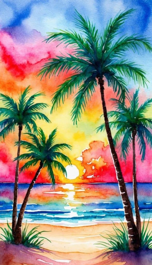 Watercolor painting of a tropical beach at sunset with palm trees, colorful sky, the sun setting over the ocean, and gentle waves on the sand.