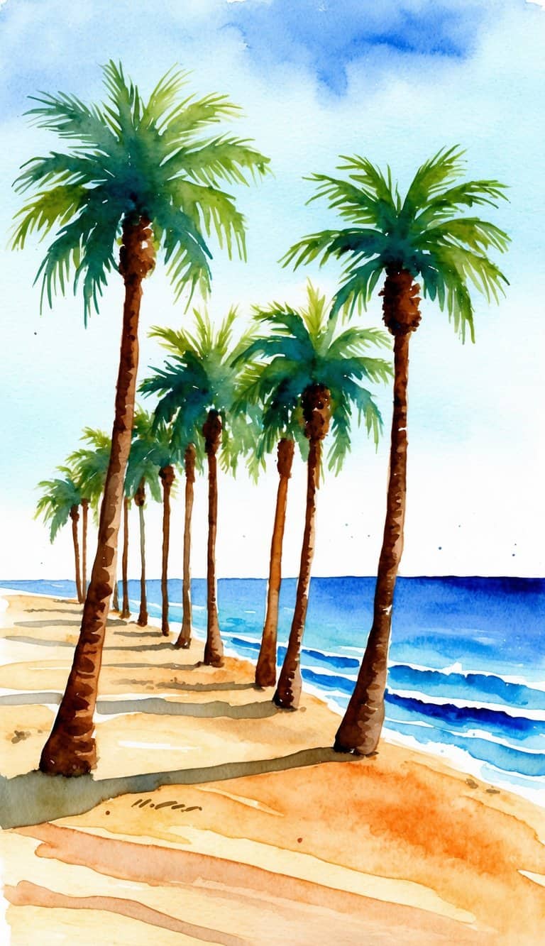  Tropical beach scene with tall palm trees in a line beside the ocean, painted in warm and cool watercolor tones.