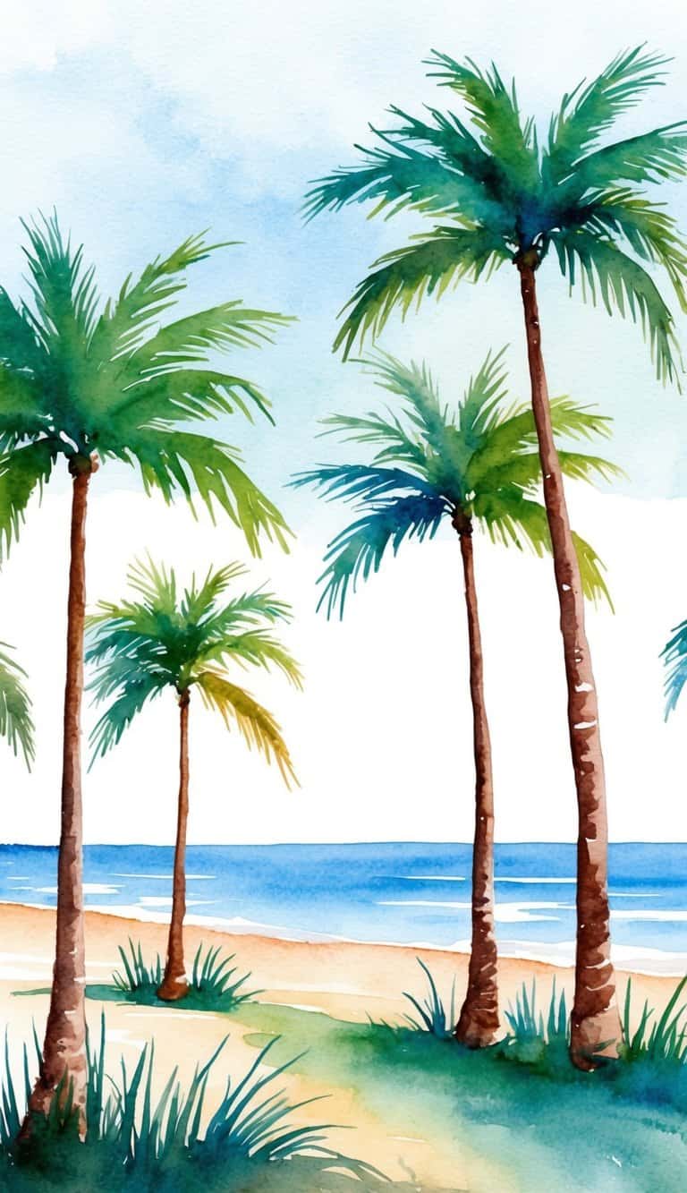 Minimalist tropical wallpaper with watercolor palm trees along a beach and a light blue ocean backdrop.