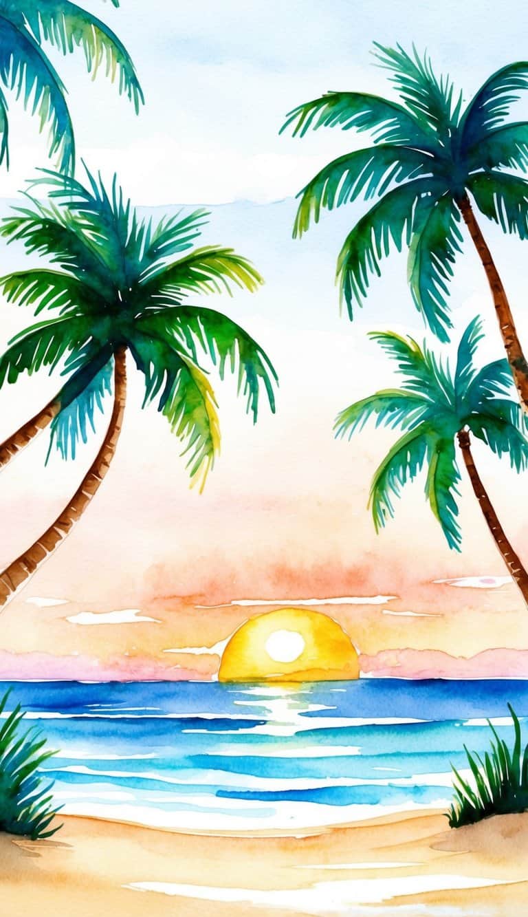 Watercolor iPhone wallpaper of a beach sunset with palm trees arching over calm waves and a glowing sun.