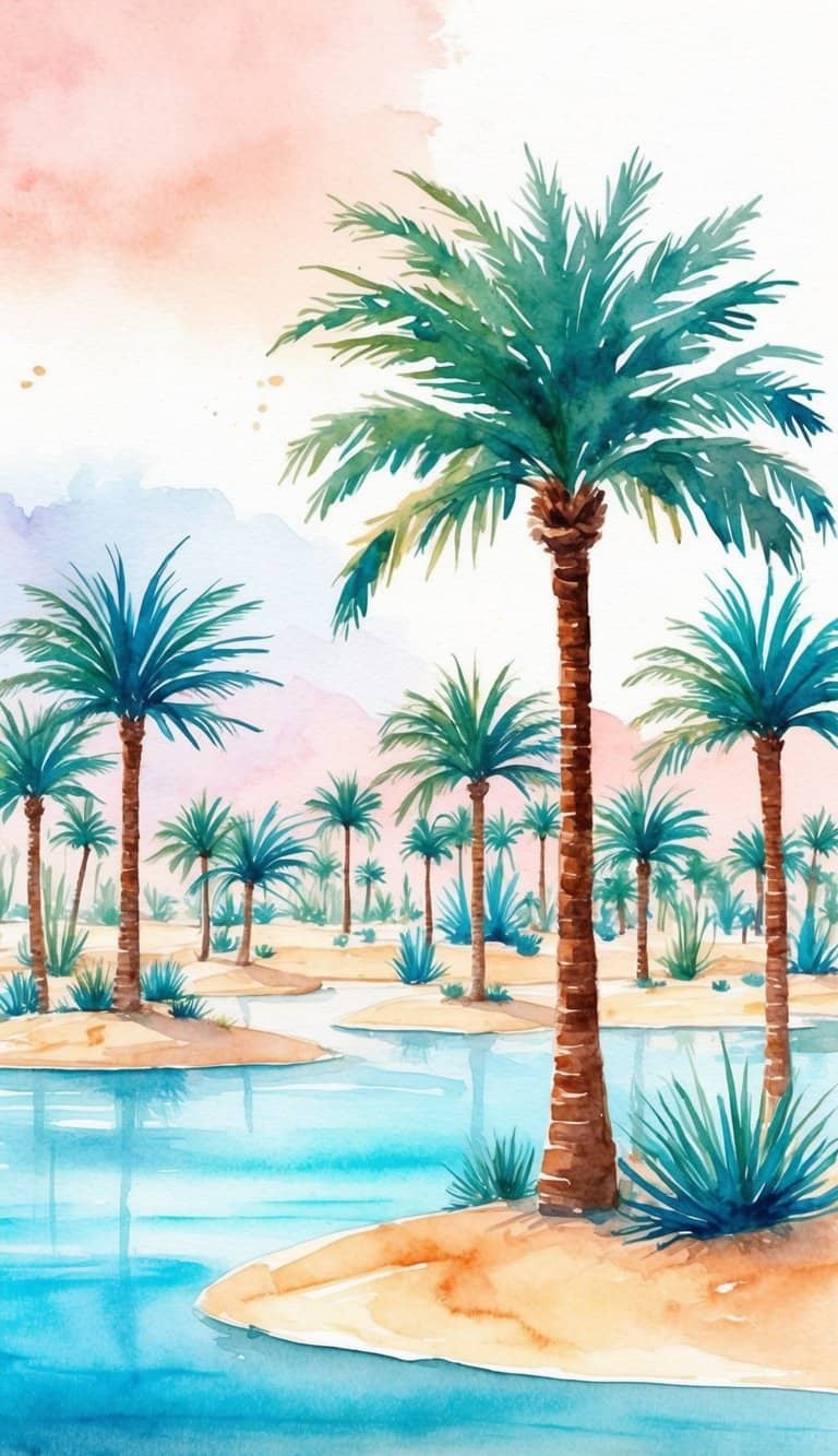 iPhone wallpaper with watercolor palm trees on sand islands, surrounded by blue water and soft mountain background.