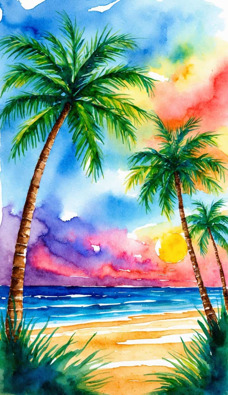 iPhone wallpaper featuring palm trees and a radiant sunset sky in red, orange, and blue watercolor tones over the sea.