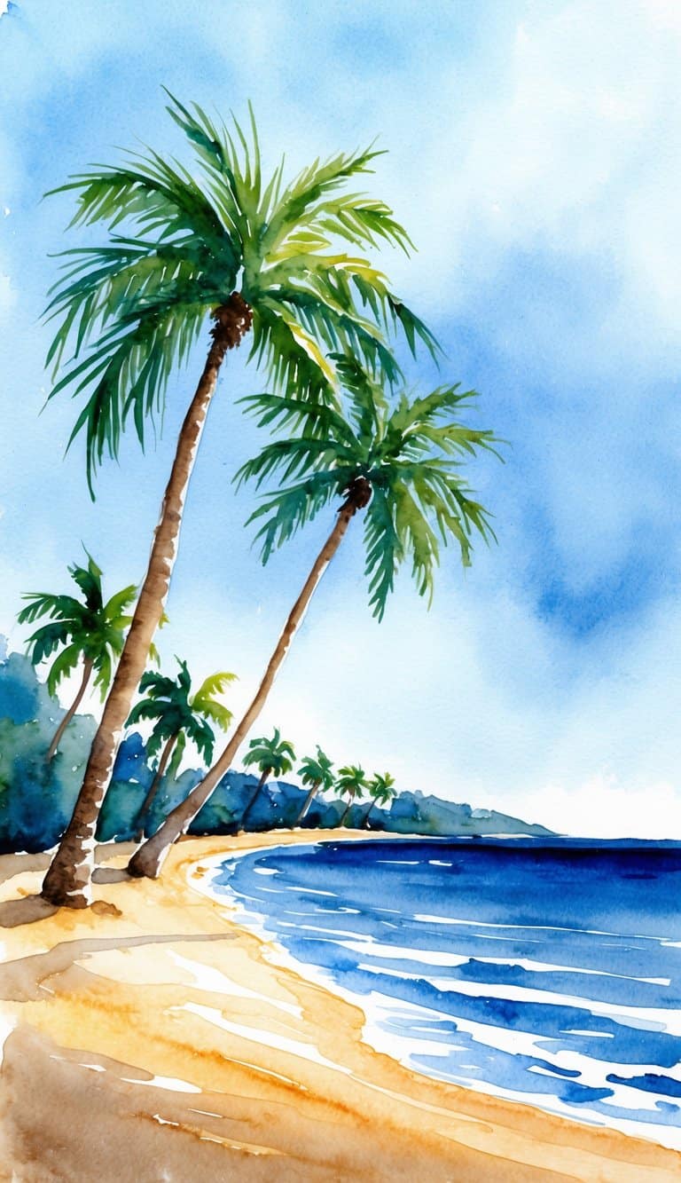 Beach scene in watercolor with palm trees along a curved coast, calm ocean water, and open sky.