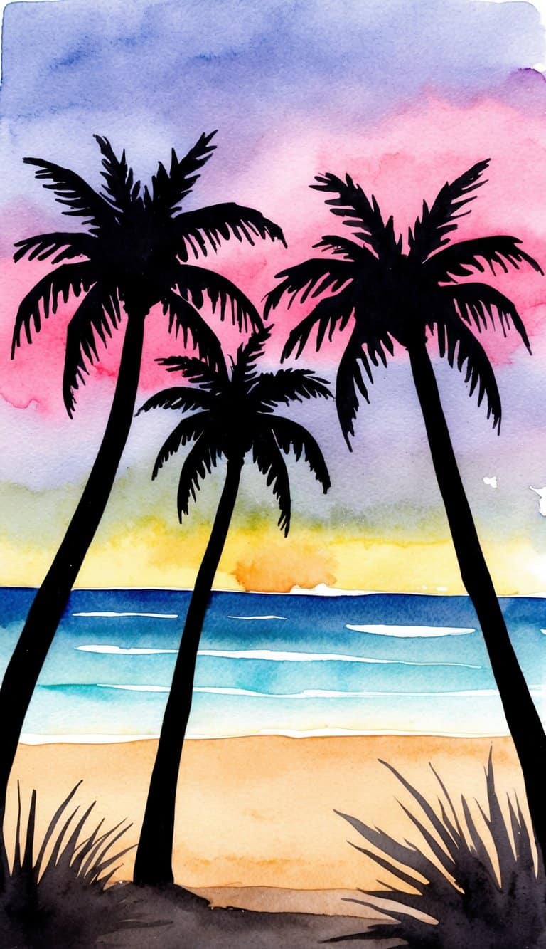 iPhone wallpaper showing black palm tree silhouettes against a soft watercolor sky and ocean horizon.