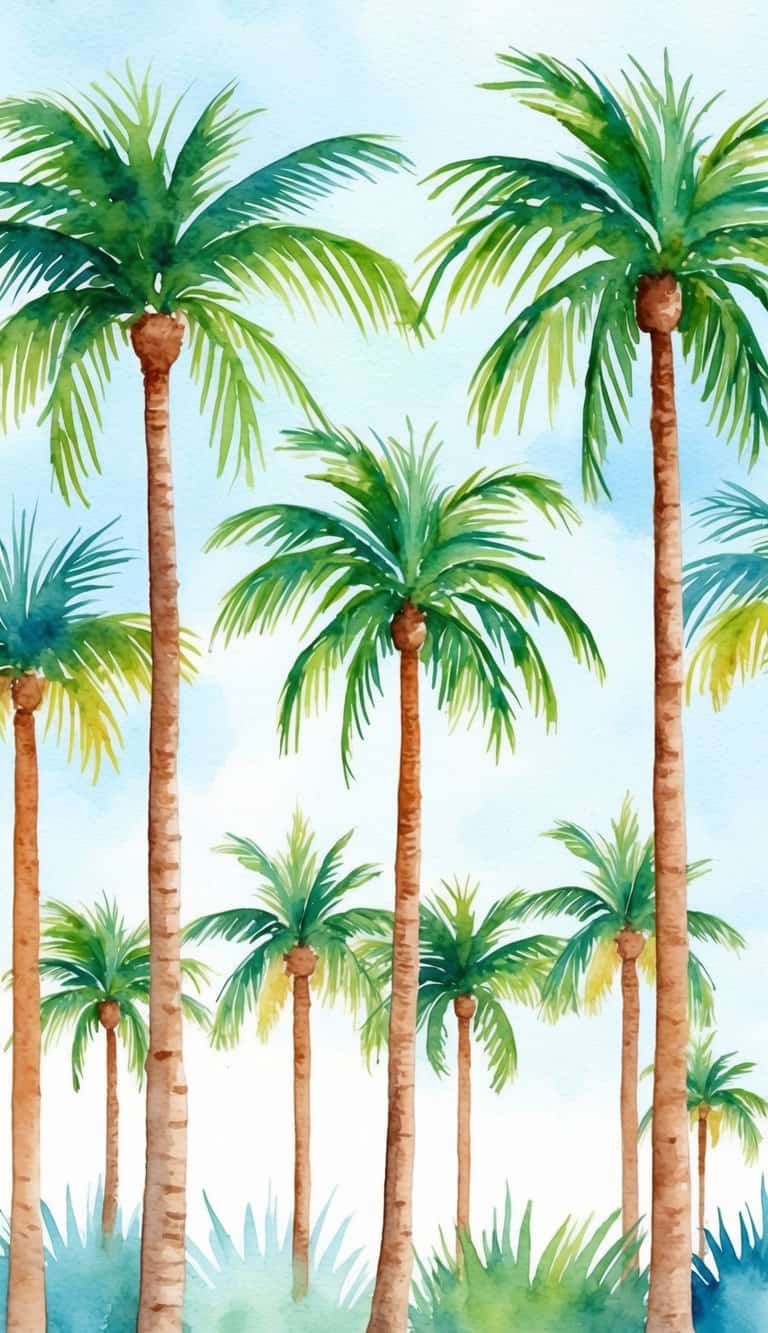 iPhone wallpaper showing a group of watercolor palm trees with leafy tops and textured brown trunks on a light background.
