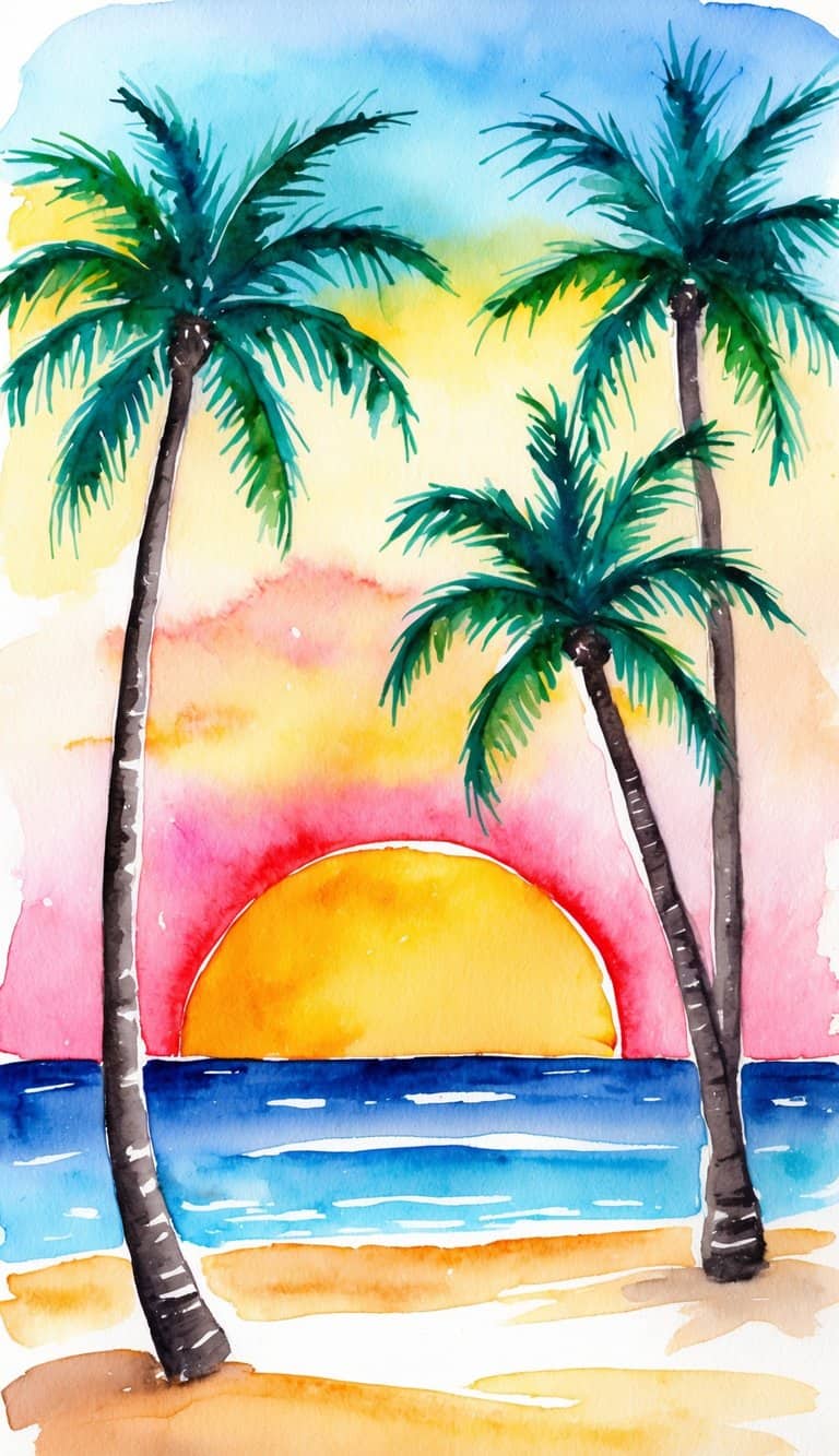 Sunset beach wallpaper in watercolor with palm trees, glowing horizon, and soft ocean wave details.