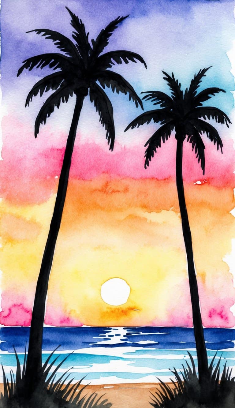  iPhone wallpaper of a tranquil sunset with black palm silhouettes, fading sky colors, and gentle beach waves.