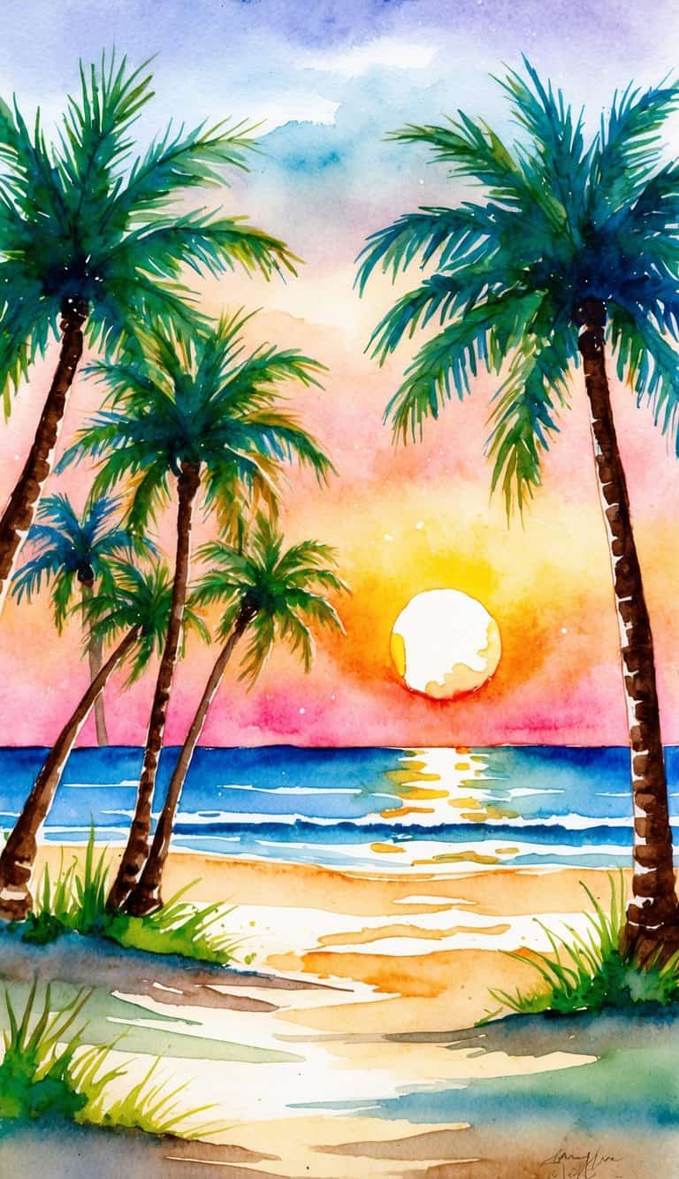iPhone wallpaper with watercolor palm trees on a beach during sunset, glowing ocean, and pink-orange sky.