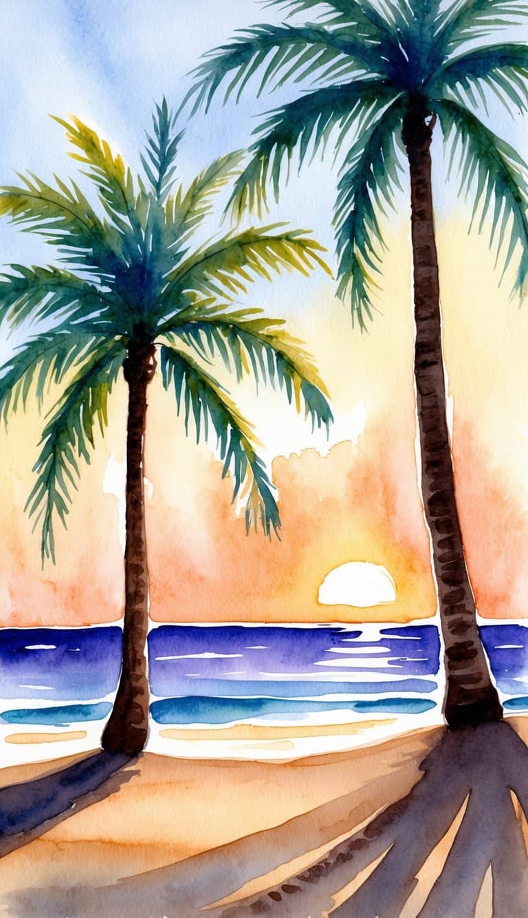 Watercolor beach scene with palm trees, fading sunset, and ocean reflections in a calm tropical setting.