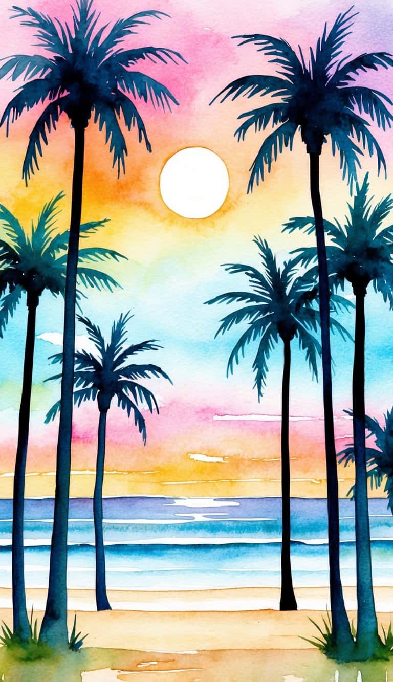 Watercolor iPhone wallpaper of black palm trees with a pastel gradient sky and a white sun over calm waves.