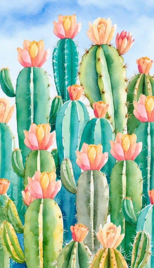 Watercolor illustration of tall green cacti with pink and orange flowers blooming on top, set against a blue sky background.