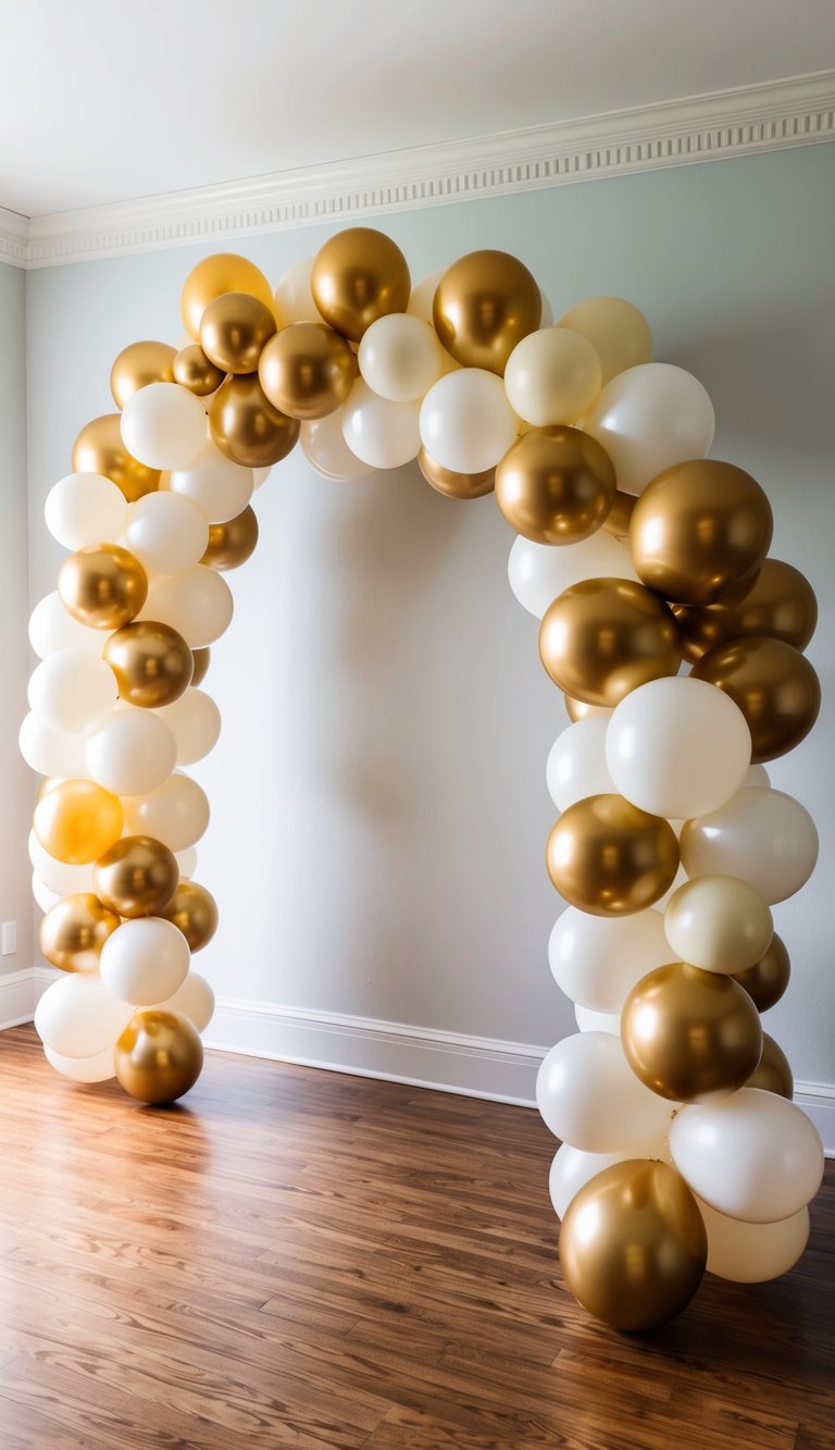 An arch made of gold and white balloons stands on a hardwood floor against a plain white wall in a well-lit room.