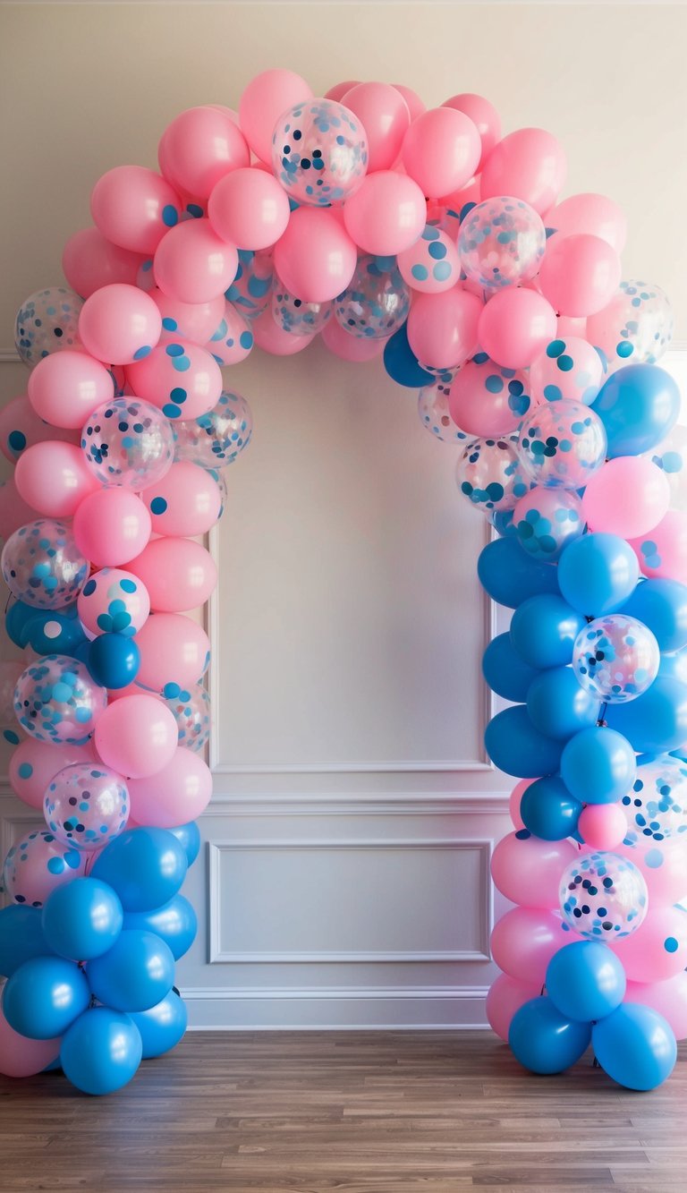 Gender reveal balloon arch made of baby pink and bright blue balloons with clear polka-dot confetti balloons, styled against a paneled wall.