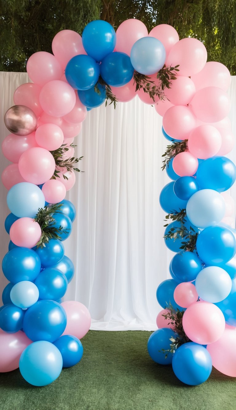 Blue and pink gender reveal balloon arch with scattered greenery and one metallic accent, placed on green grass with a white fabric backdrop.