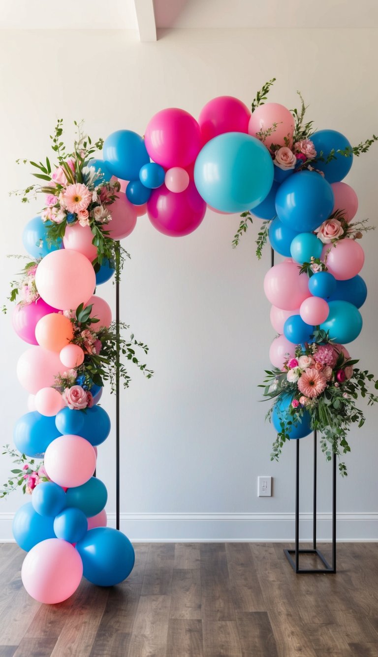 Gender reveal balloon arch with pink, fuchsia, and blue balloons, floral clusters, and greenery on a modern black frame.