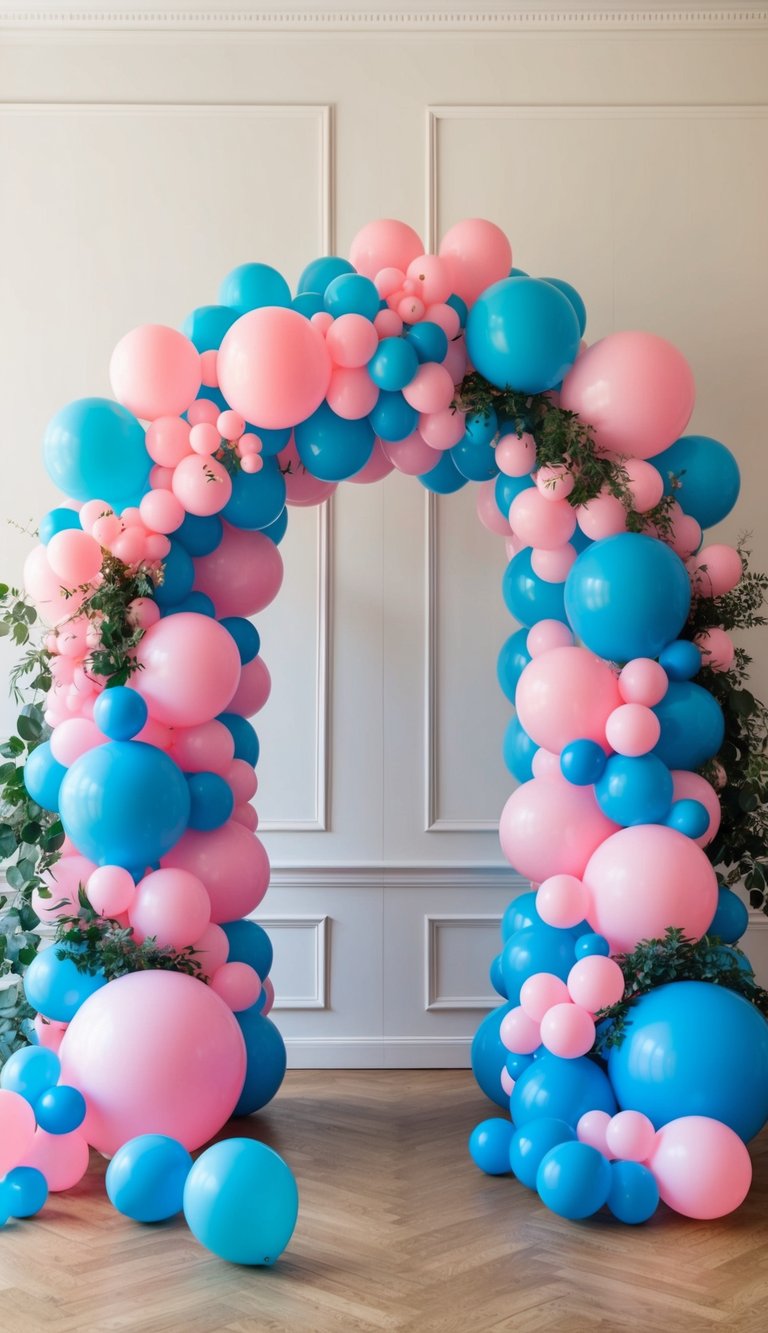 Large pink and blue balloon arch with greenery accents, styled indoors on wood flooring with a paneled white wall.