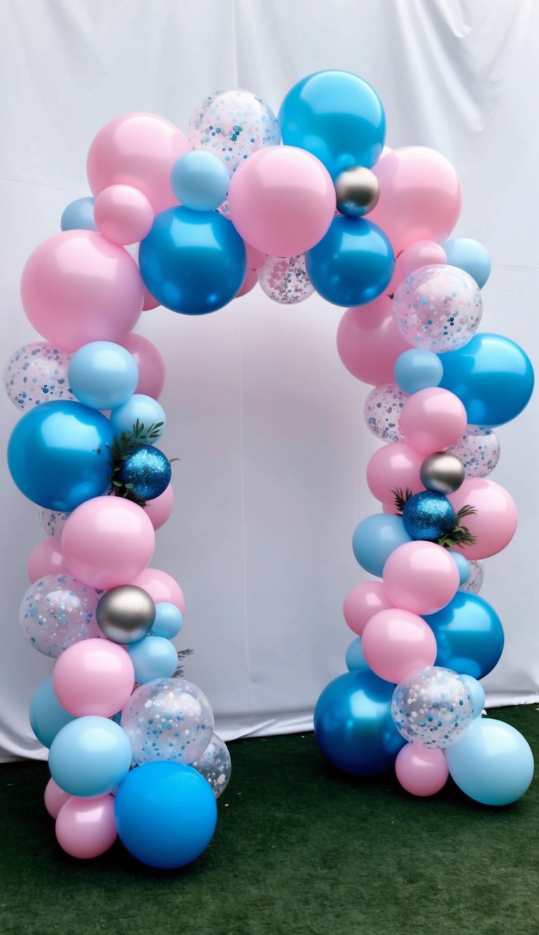 Bright pink and blue balloon arch with clear glitter balloons, metallic accents, and greenery, styled for a gender reveal against a white draped setting.