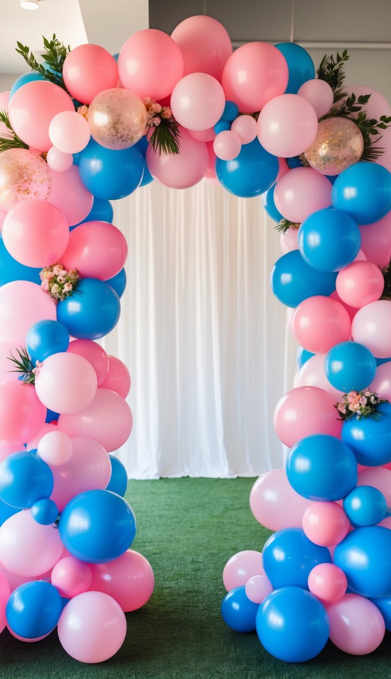 Gender reveal balloon arch with pink and blue balloons, gold confetti spheres, greenery, and floral clusters in front of white drapes.