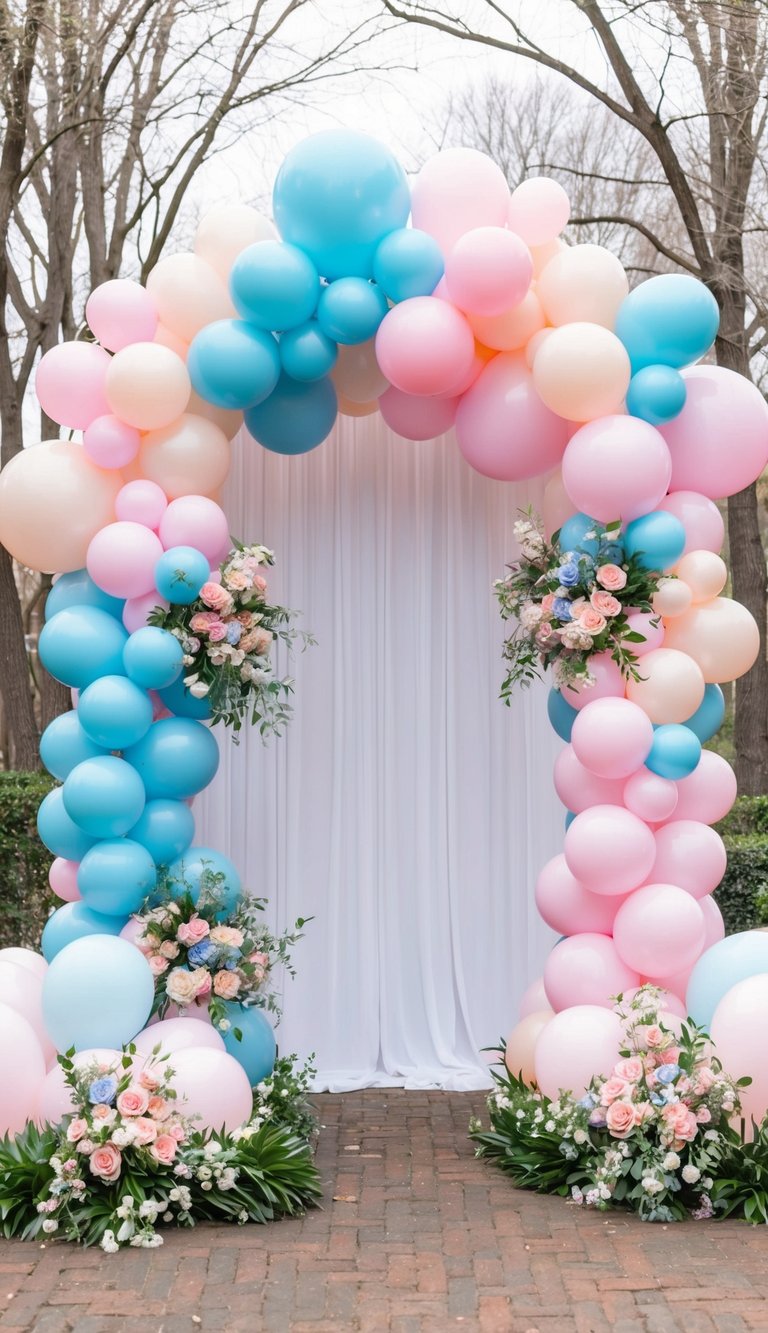 Elegant balloon arch with pastel blue and pink balloons, accented by soft floral arrangements and greenery on a brick path with draped white fabric.