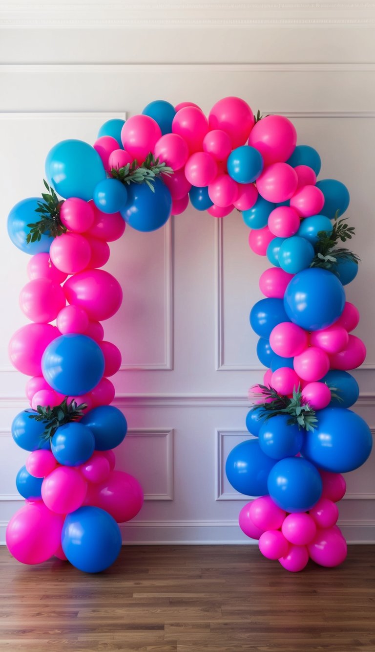 Bold fuchsia and blue balloon arch with greenery, designed for indoor gender reveal parties with a lively, energetic vibe.