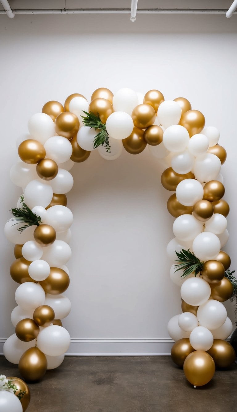 Simple balloon arch featuring matte ivory and metallic gold balloons with light greenery detail.