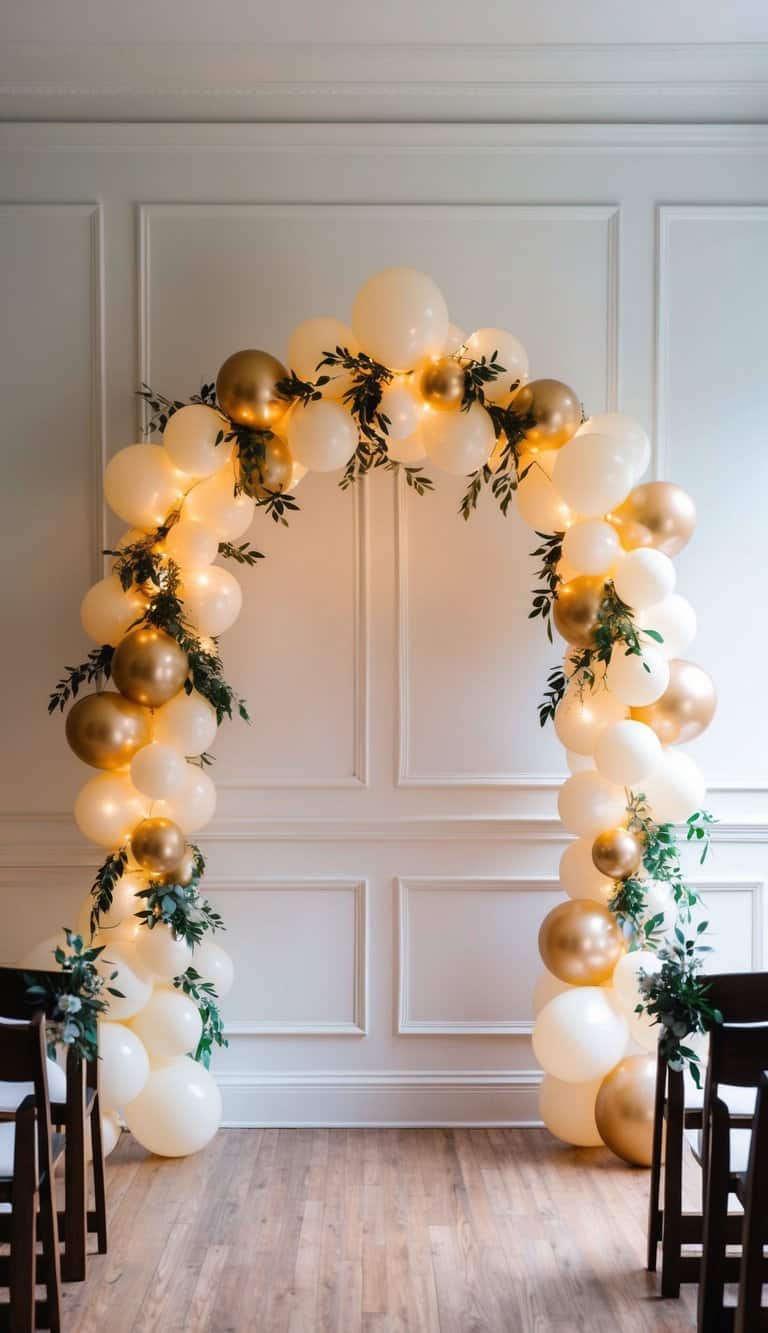 Ivory and gold balloon arch with warm lights and greenery, placed in a classic indoor room with wood floors.