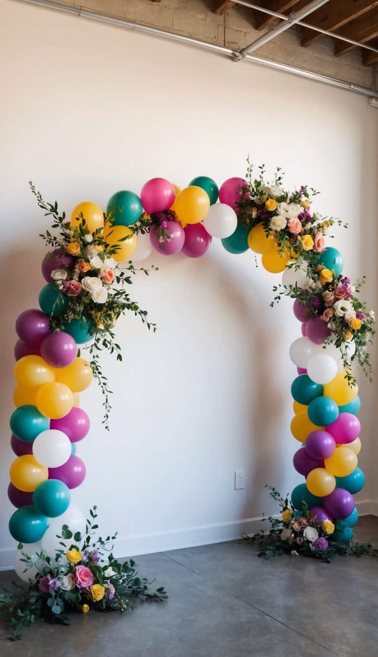 Small multicolor balloon arch with vibrant flowers and greenery arranged against a neutral interior wall.