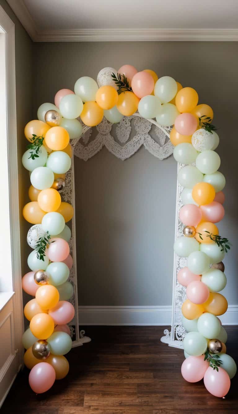 Soft pastel balloon arch with mint, blush, peach, and yellow balloons, accented with lace and gold details.