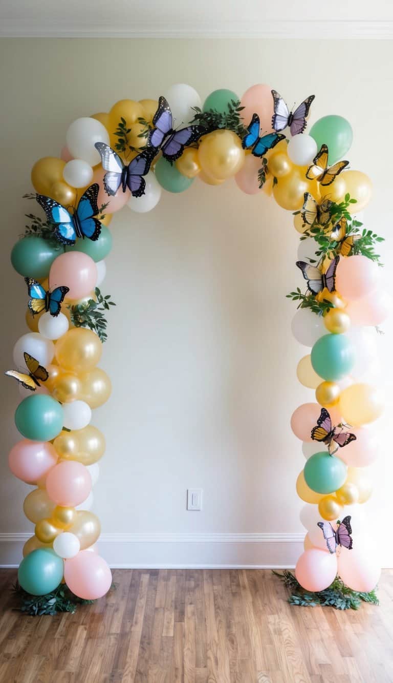 Pastel balloon arch with gold, mint, and blush balloons, decorated with butterfly cutouts and greenery.