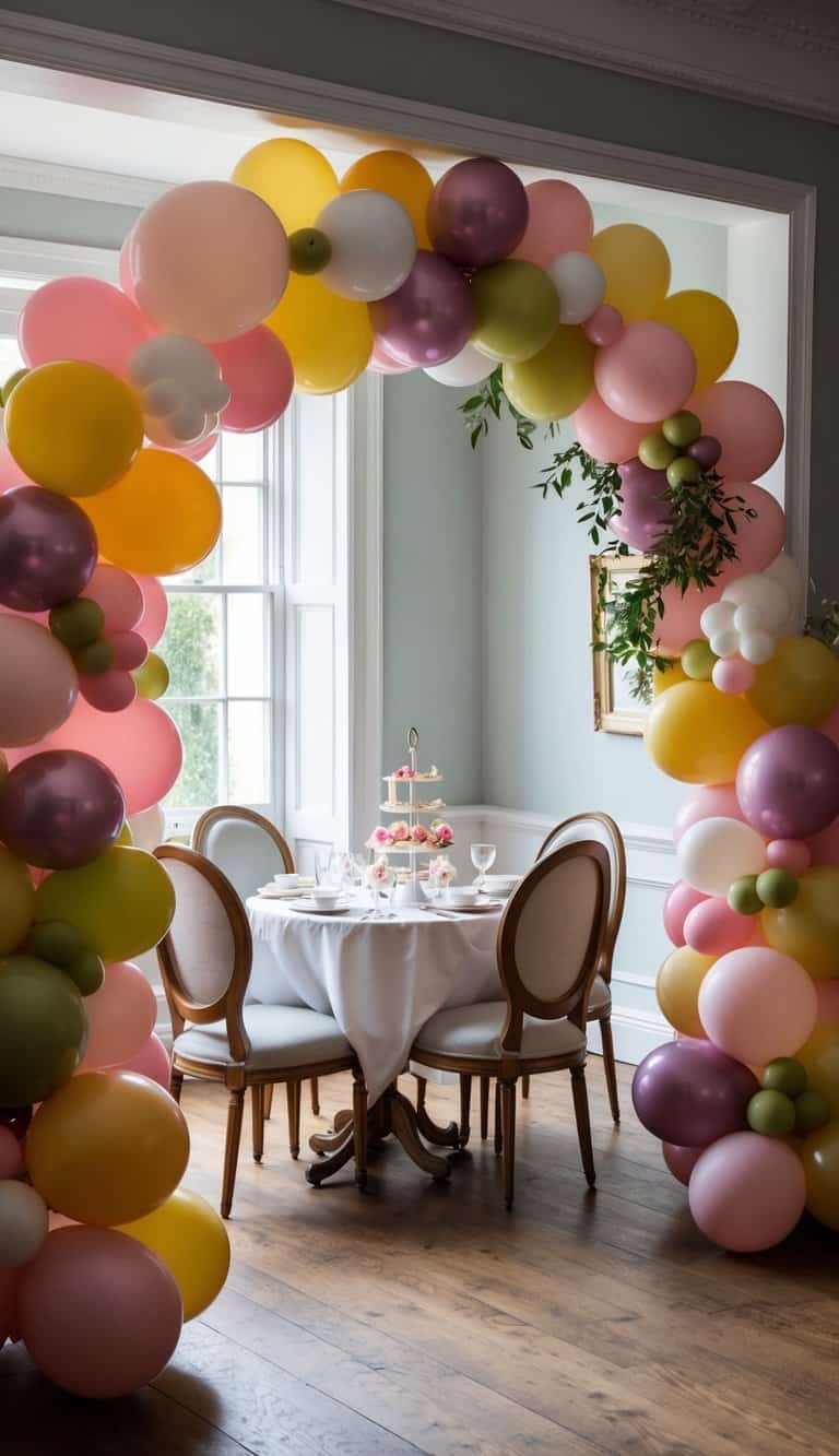 Delicate balloon arch with soft vintage colors and greenery framing a round dining table in a classic room.
