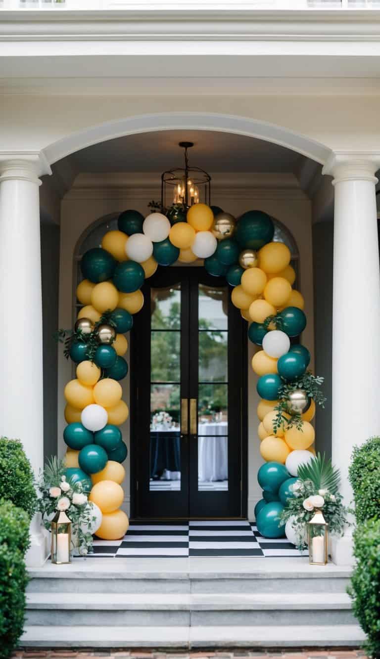  Elegant balloon arch in gold, green, and white over a front door with florals, lanterns, and greenery accents.