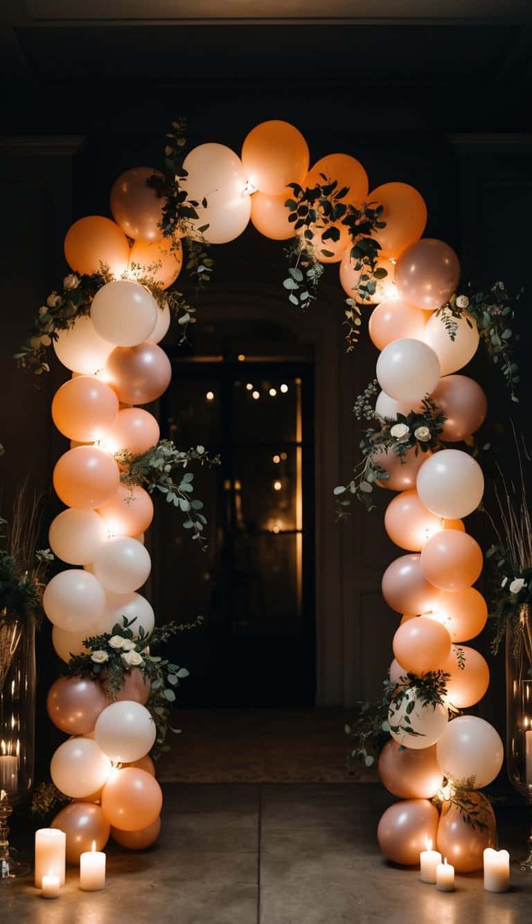 Elegant balloon arch in peach, white, and rose gold with soft internal lighting, greenery, and surrounding candles.