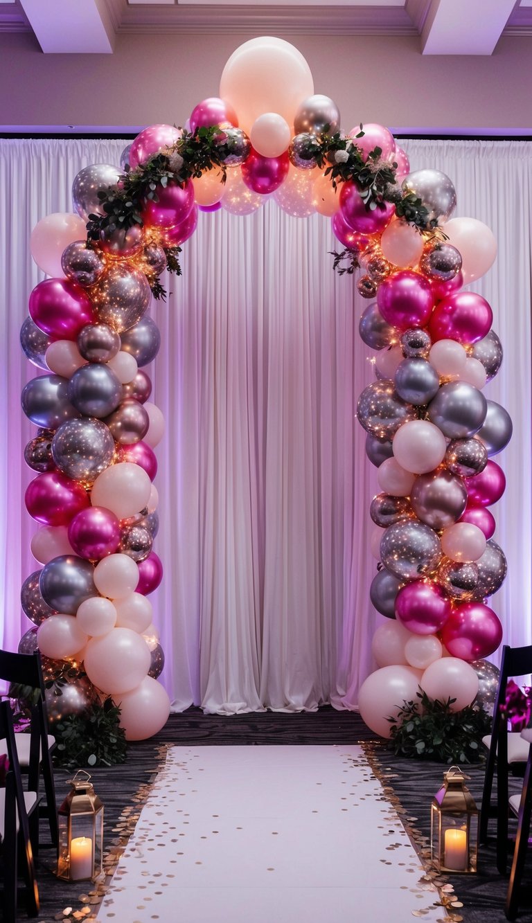 A grand prom balloon arch, adorned with sparkling lights and metallic accents, stands tall and elegant, ready to welcome guests to a glamorous evening
