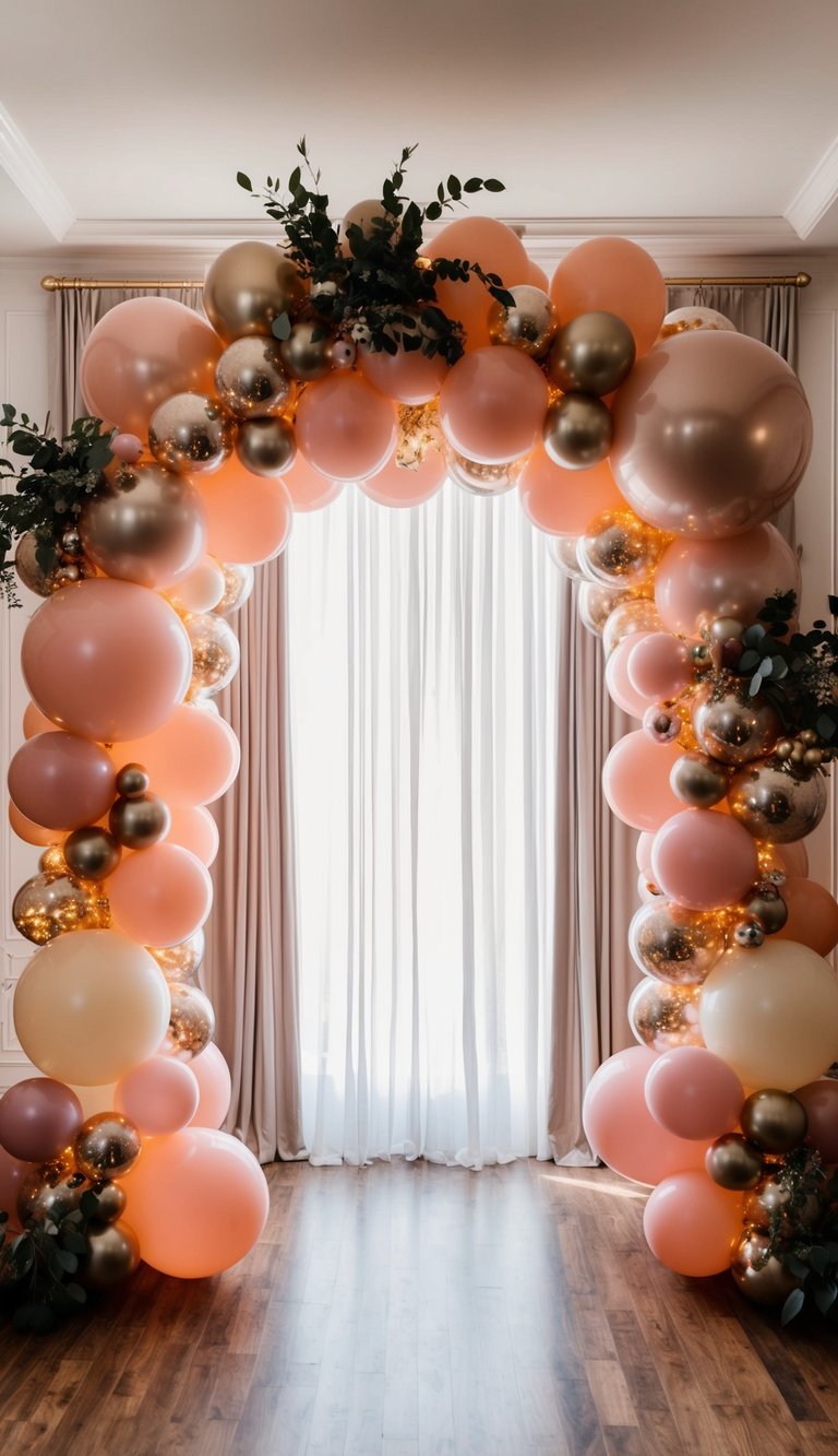 Elegant prom balloon arch in blush, peach, and gold balloons with embedded fairy lights and eucalyptus greenery.