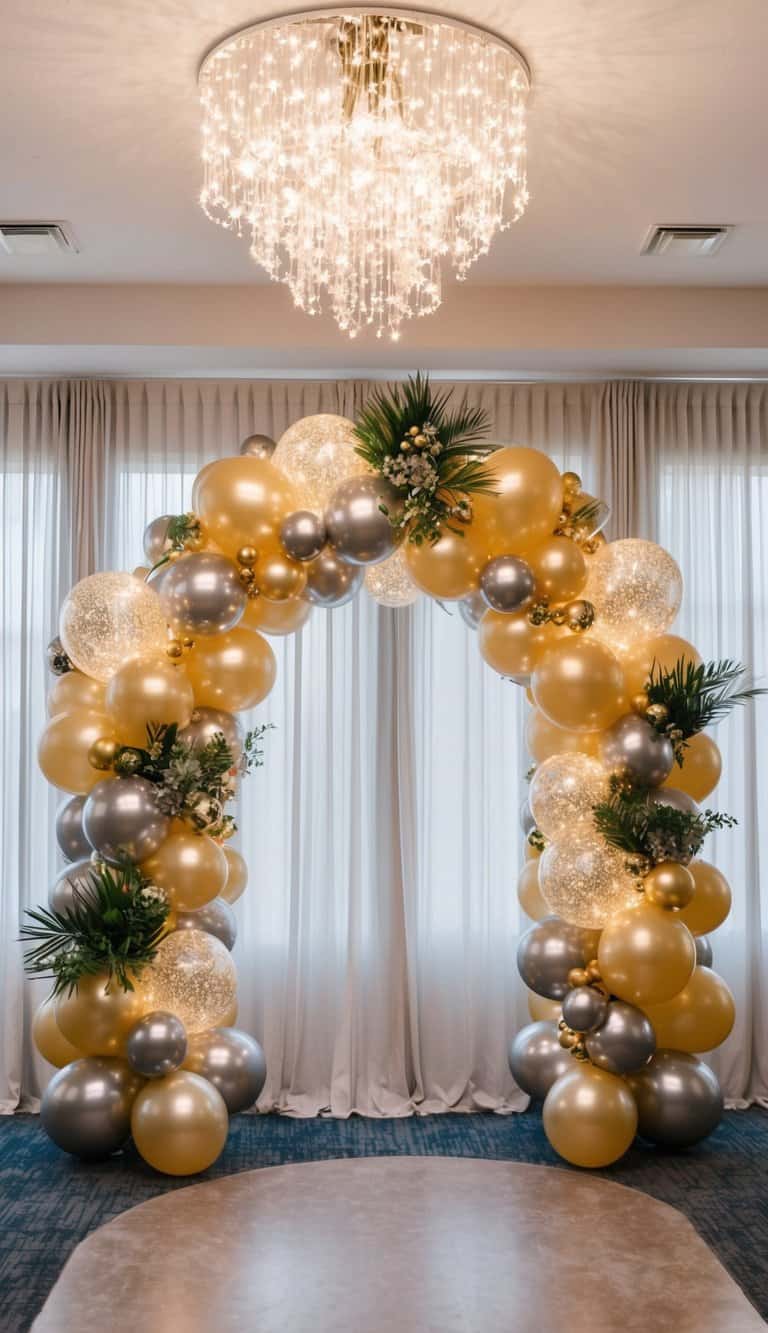 Gold and silver prom balloon arch with internal lights and greenery beneath a glittering chandelier backdrop.