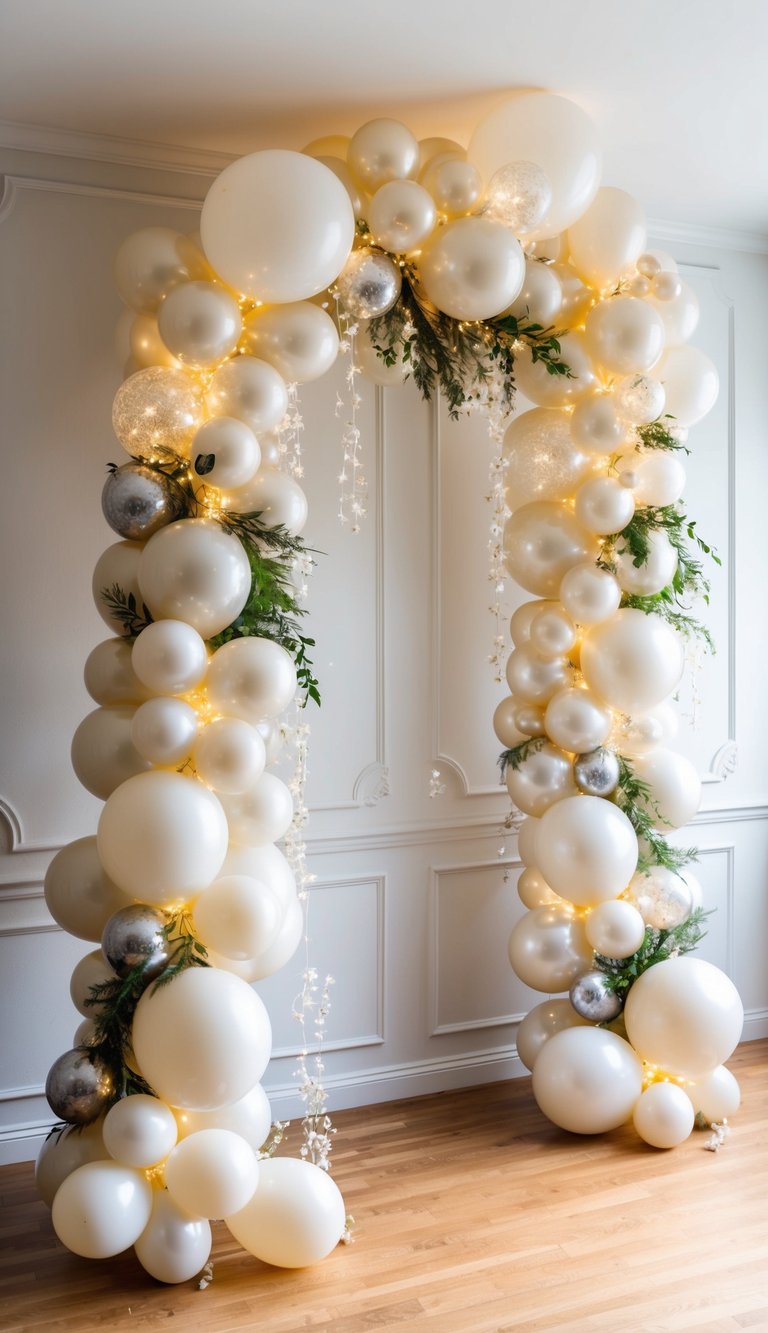 Ivory and pearl prom balloon arch with fairy lights, silver accents, and pine greenery against a white-paneled wall.